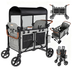 Touheart Wagon Stroller for 4 Kids with Adjustable Canopy, 5-Point Harnesses, Removable Seats, Gray