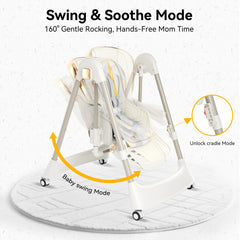 TouHeart 6-in-1 Baby High Chair and Baby Swing Combo, Convertible Highchair for Infants Toddlers, with 6 Heights, 4 Recline, Foldable with Wheels,Beige