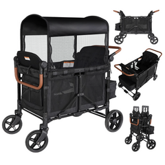 Touheart Wagon Stroller 4 Passenger with Adjustable Canopy, 5-Point Harnesses, Removable Seats, Black