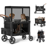 TouHeart Foldable Wagon Stroller for 2 Kids, 3-in-1 Stroller Wagon with Canopy, 5-Point Harness, 180° Adjustable Handlebars, Removable Seat for Toddlers and Child, Black