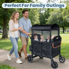 Touheart Wagon Stroller 4 Passenger with Adjustable Canopy, 5-Point Harnesses, Removable Seats, Black