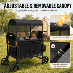 Touheart Wagon Stroller 4 Passenger with Adjustable Canopy, 5-Point Harnesses, Removable Seats, Black