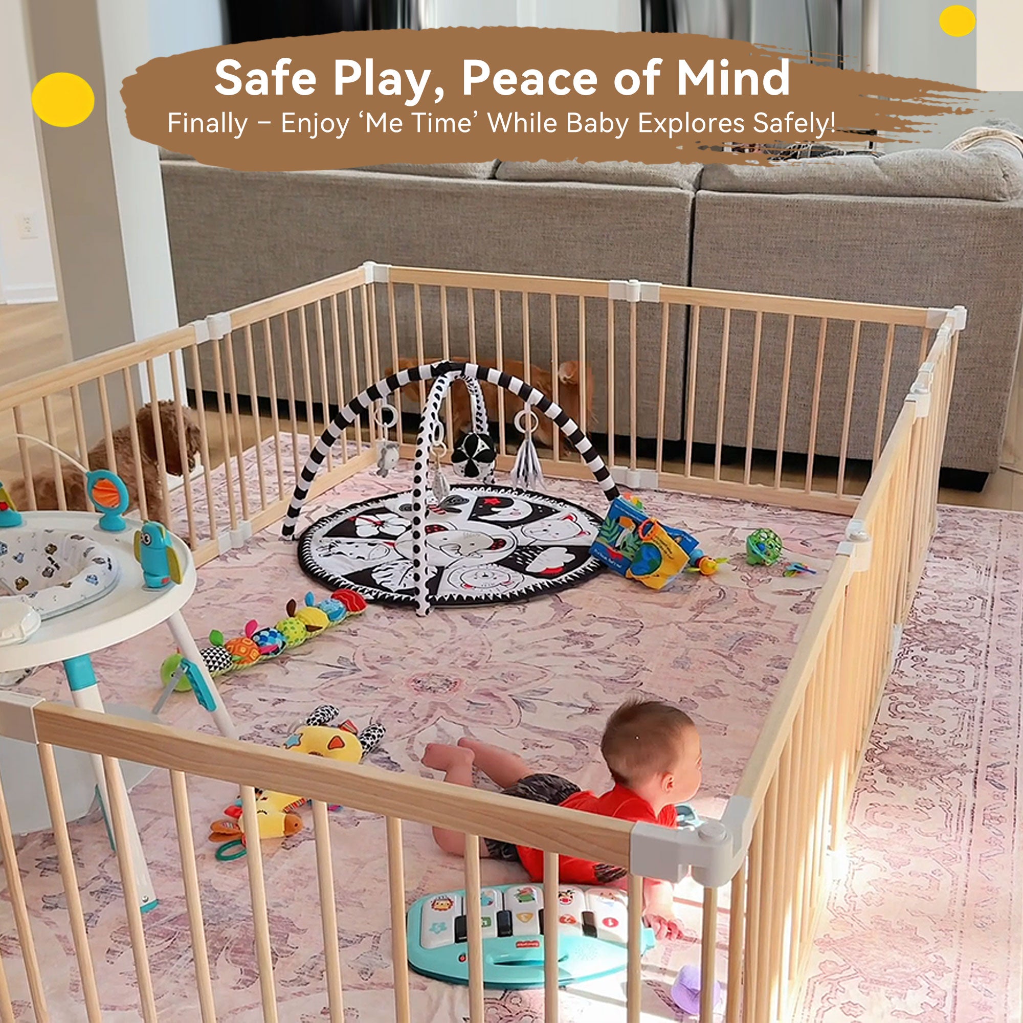 TouHeart Foldable Wooden Playpen, Baby Play Yard for Baby to Toddler, Adjustable Shape&Size, 8 Panel
