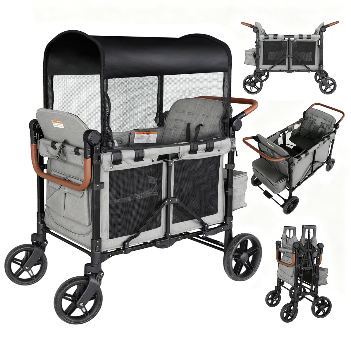 Touheart Wagon Stroller for 4 Kids with Adjustable Canopy, 5-Point Harnesses, Removable Seats, Gray