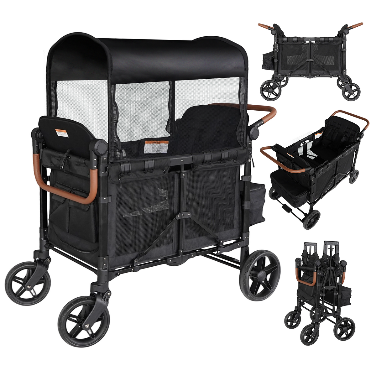 Touheart Wagon Stroller 4 Passenger with Adjustable Canopy, 5-Point Harnesses, Removable Seats, Black
