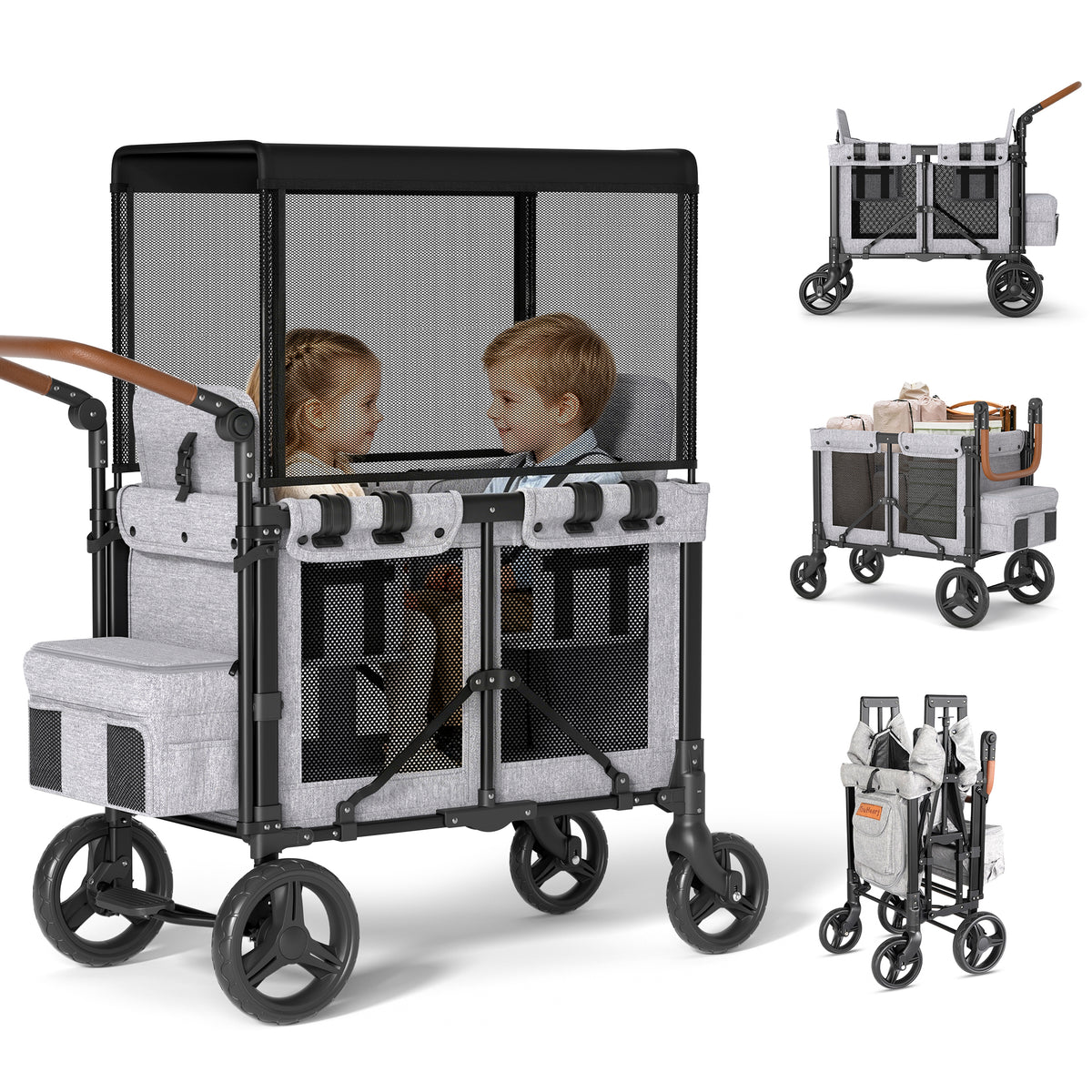 TouHeart 3-In-1 Wagon Stroller for 2 Kids, Foldable Stroller Wagon with Canopy, 5-Point Harness, Removable Reversible Seat, Grey（2026 Upgraded)