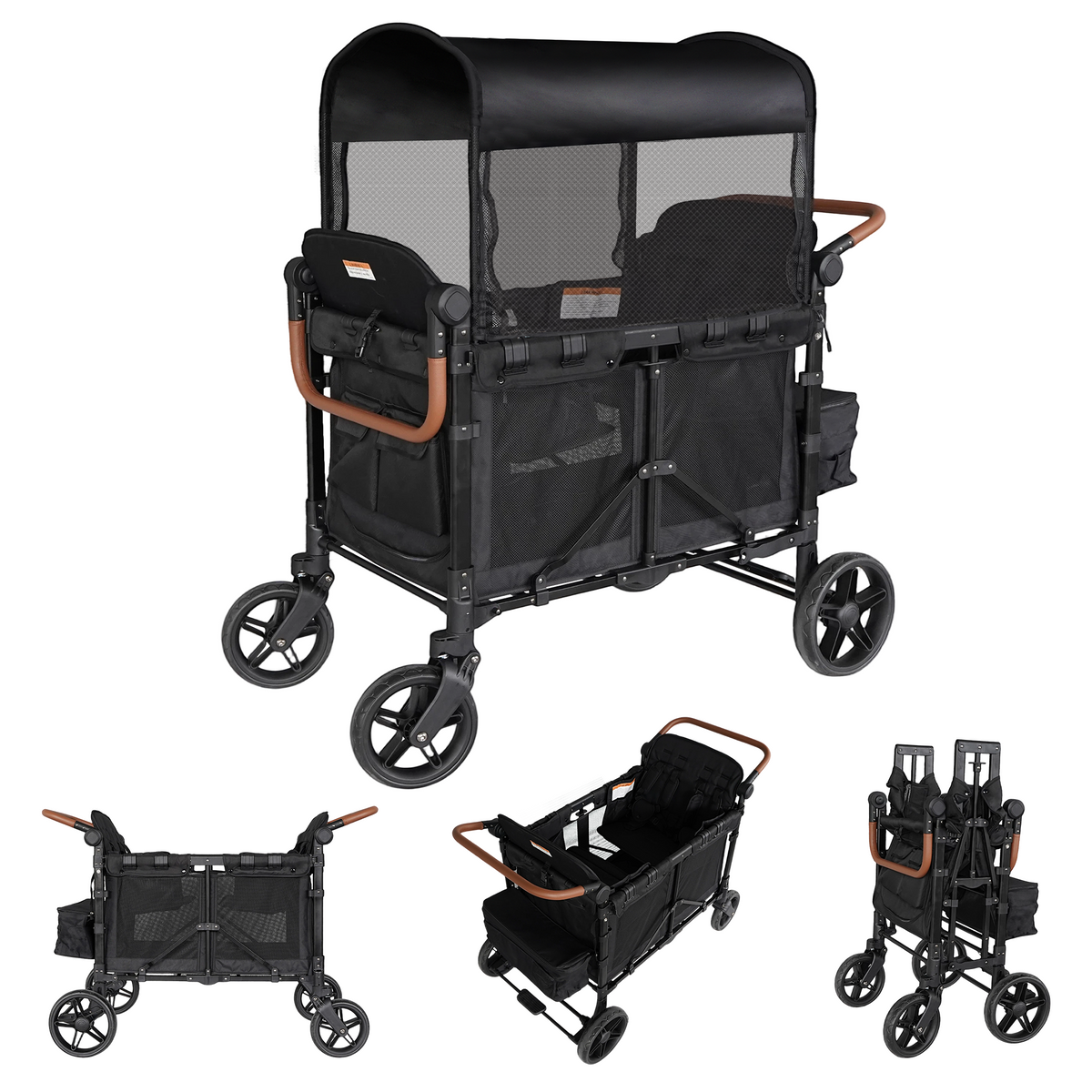 TouHeart Wagon Stroller 4 Passenger with Canopy, Removable Seats, 5-Point Harness, Black