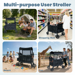 Touheart Wagon Stroller 4 Passenger with Adjustable Canopy, 5-Point Harnesses, Removable Seats, Black