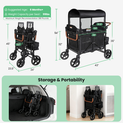 TouHeart Wagon Stroller 4 Passenger with Canopy, Removable Seats, 5-Point Harness, Black
