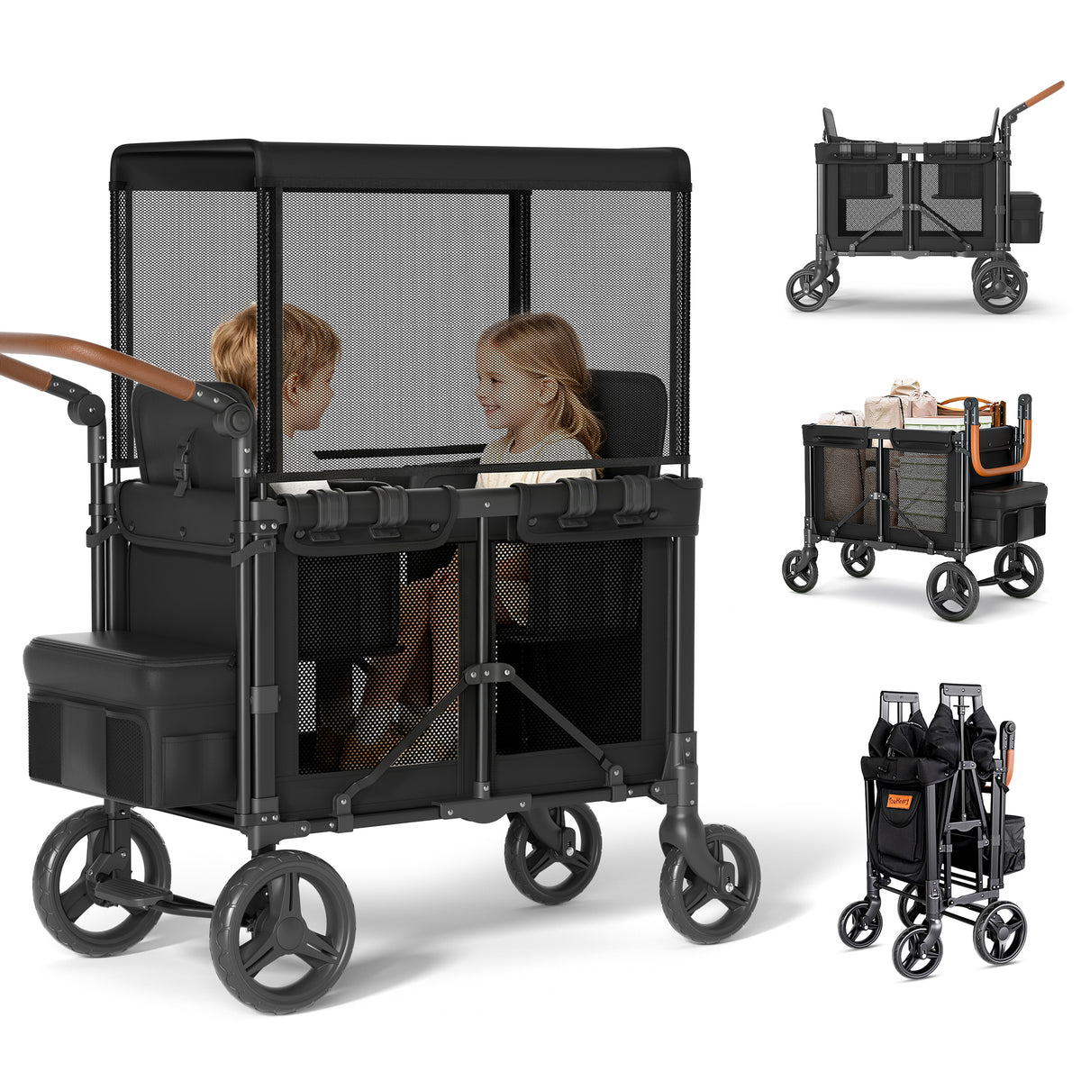 TouHeart Foldable Wagon Stroller for 2 Kids, 3-in-1 Stroller Wagon with Canopy, 5-Point Harness, 180° Adjustable Handlebars, Removable Seat for Toddlers and Child, Black