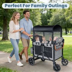 Touheart Wagon Stroller for 4 Kids with Adjustable Canopy, 5-Point Harnesses, Removable Seats, Gray