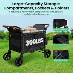TouHeart Wagon Stroller 4 Passenger with Canopy, Removable Seats, 5-Point Harness, Black