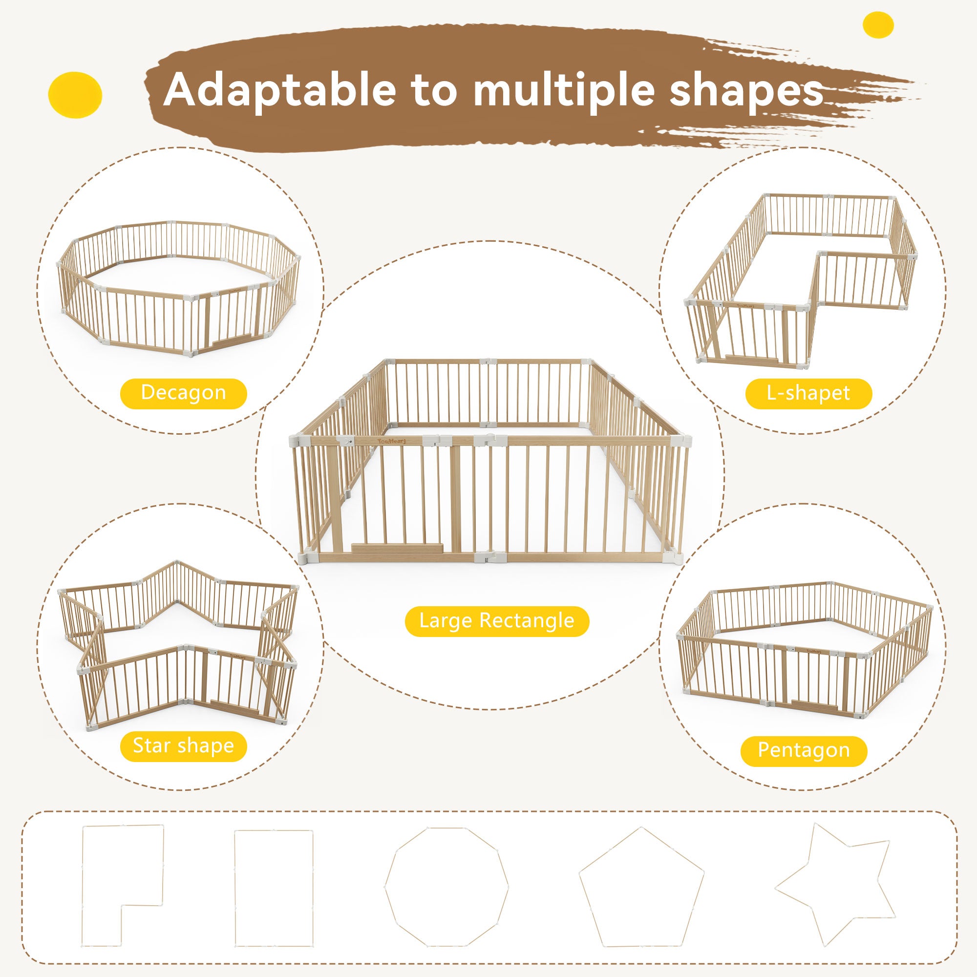 TouHeart Foldable Wooden Playpen, Baby Play Yard for Baby to Toddler, Adjustable Shape&Size, 8 Panel
