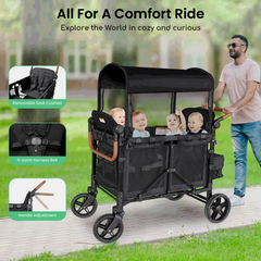 TouHeart Wagon Stroller 4 Passenger with Canopy, Removable Seats, 5-Point Harness, Black