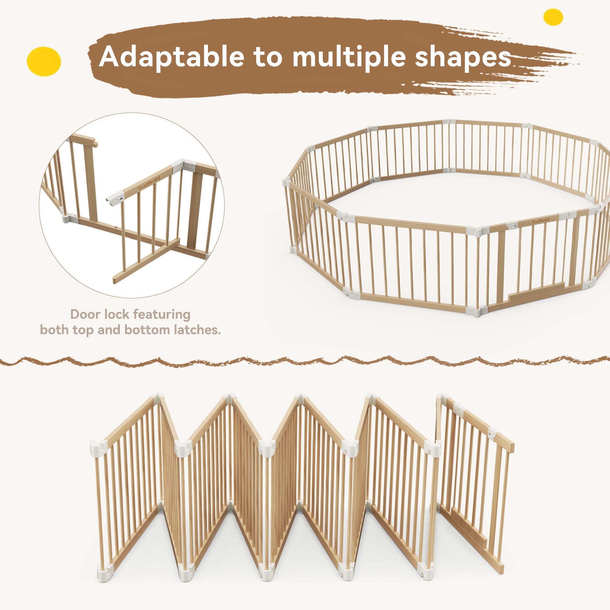 TouHeart Foldable Wooden Playpen, Baby Play Yard for Baby to Toddler, Adjustable Shape&Size, 8 Panel
