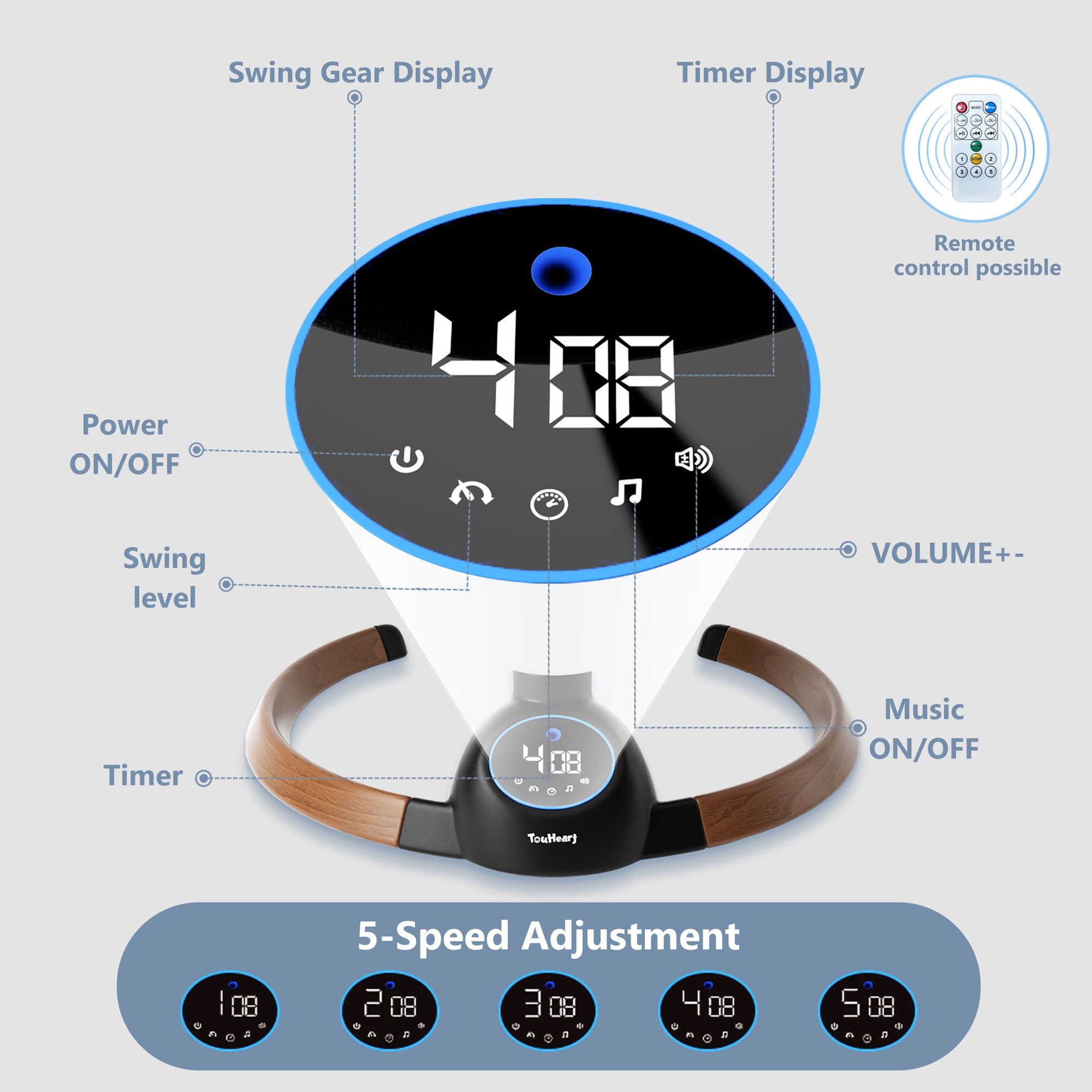 TouHeart Electric Baby Swing for Infants, Bluetooth Remote Control, 5 Sway Speed, 10 Lullabies, Black