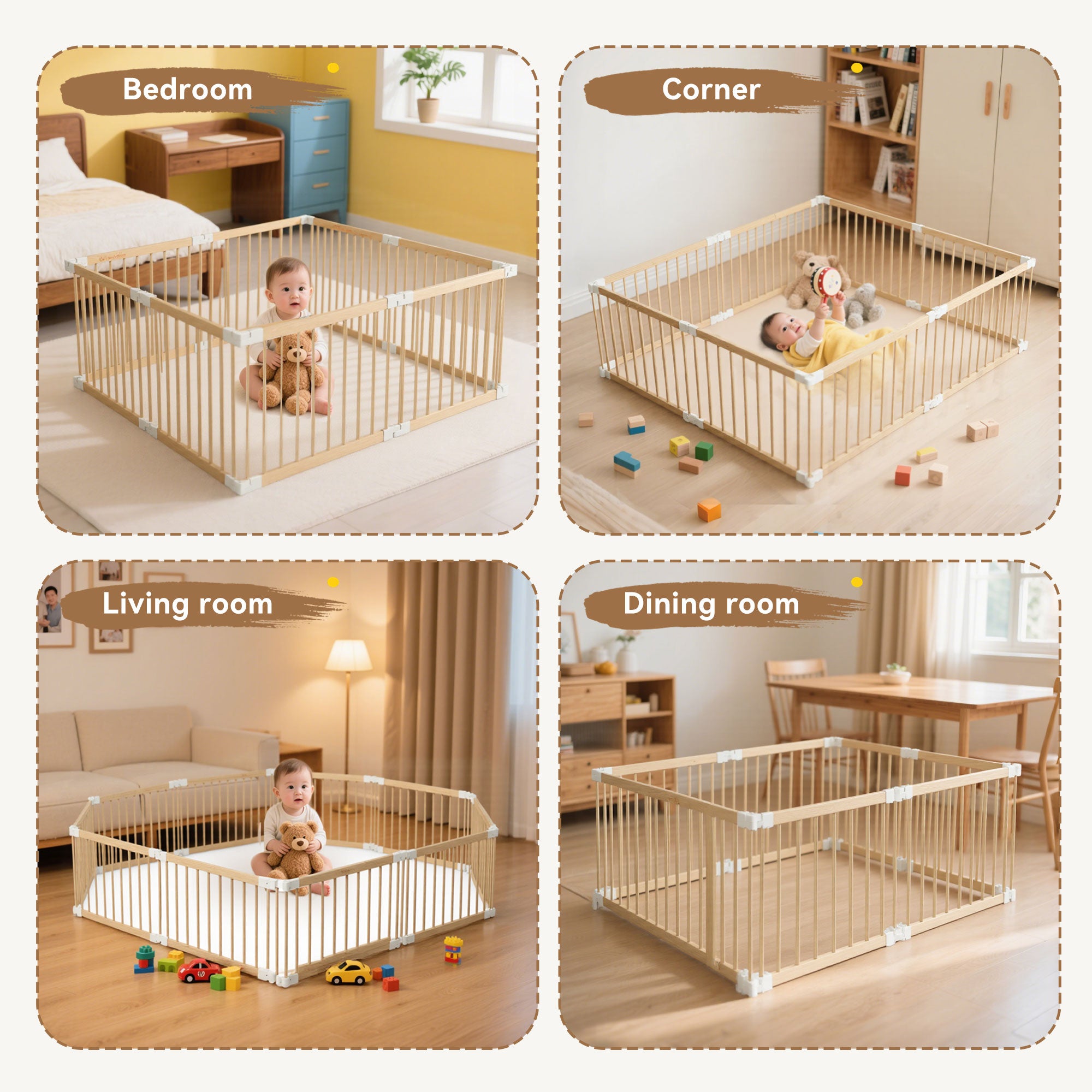 TouHeart Foldable Wooden Playpen, Baby Play Yard for Baby to Toddler, Adjustable Shape&Size, 8 Panel