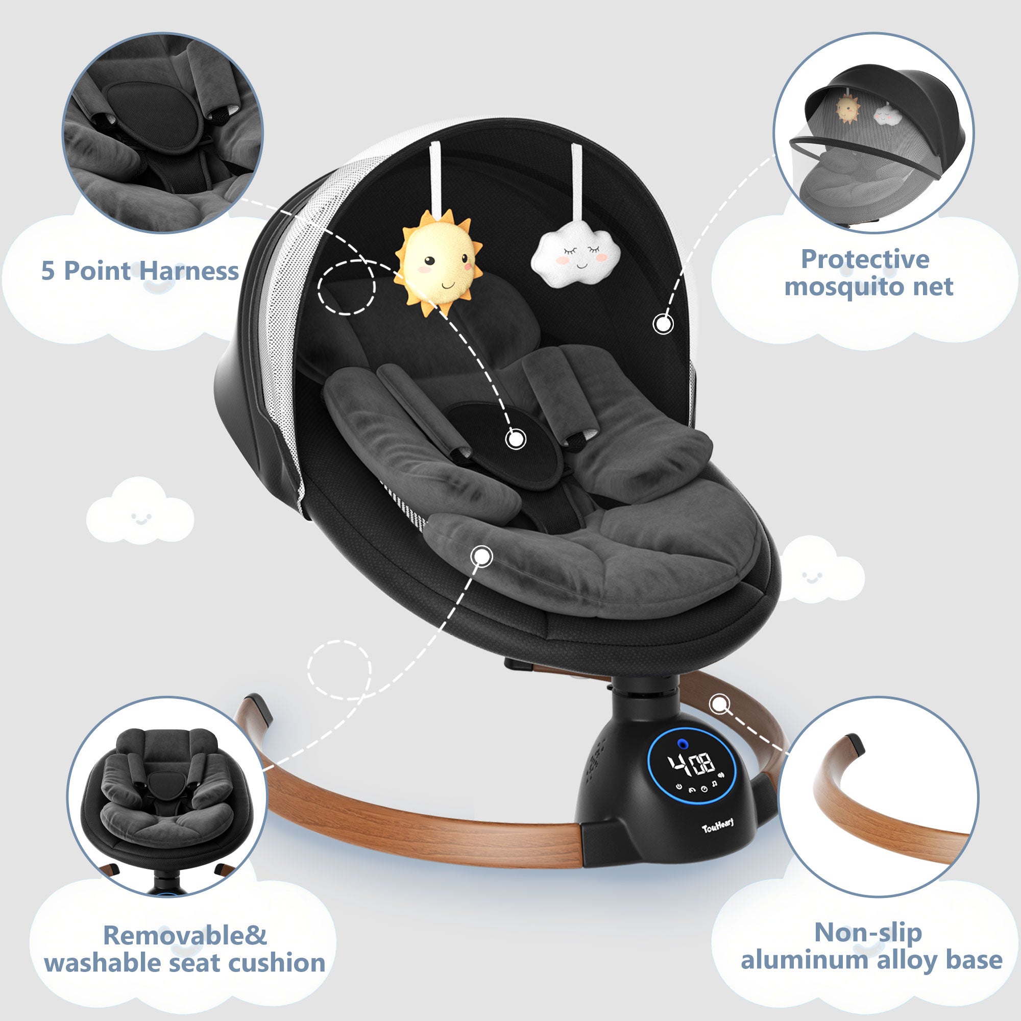TouHeart Electric Baby Swing for Infants, Bluetooth Remote Control, 5 Sway Speed, 10 Lullabies, Black