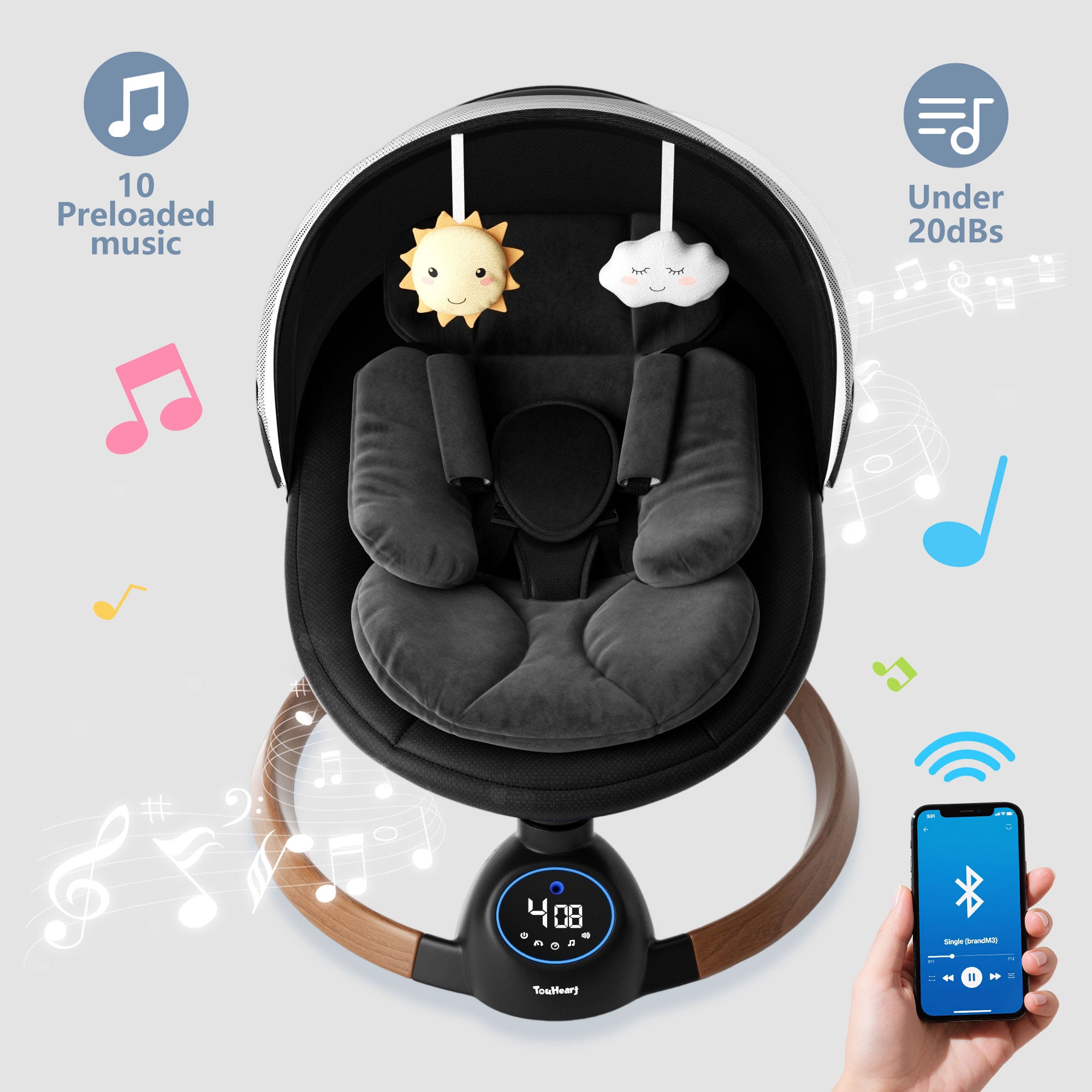 TouHeart Electric Baby Swing for Infants, Bluetooth Remote Control, 5 Sway Speed, 10 Lullabies, Black