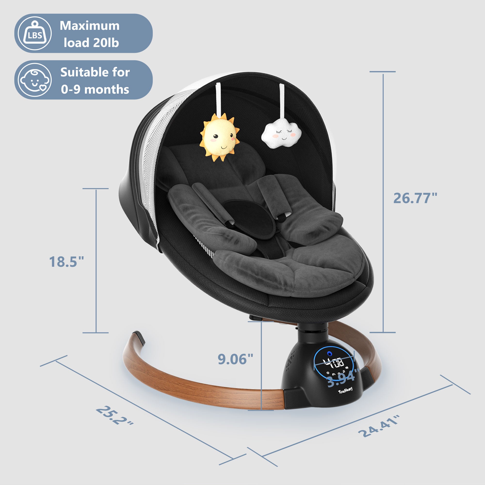 TouHeart Electric Baby Swing for Infants, Bluetooth Remote Control, 5 Sway Speed, 10 Lullabies, Black
