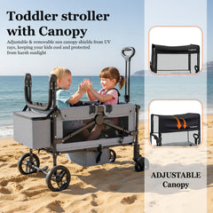 TouHeart 2 Seater Wagon Stroller with Canopy, Folding Stroller Wagon for Kids, 220 lbs Capacity,Gray