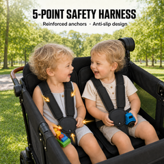 Touheart Wagon Stroller 4 Passenger with Adjustable Canopy, 5-Point Harnesses, Removable Seats, Black