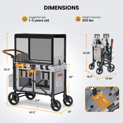 TouHeart 3-In-1 Wagon Stroller for 2 Kids, Foldable Stroller Wagon with Canopy, 5-Point Harness, Removable Reversible Seat, Grey（2026 Upgraded)